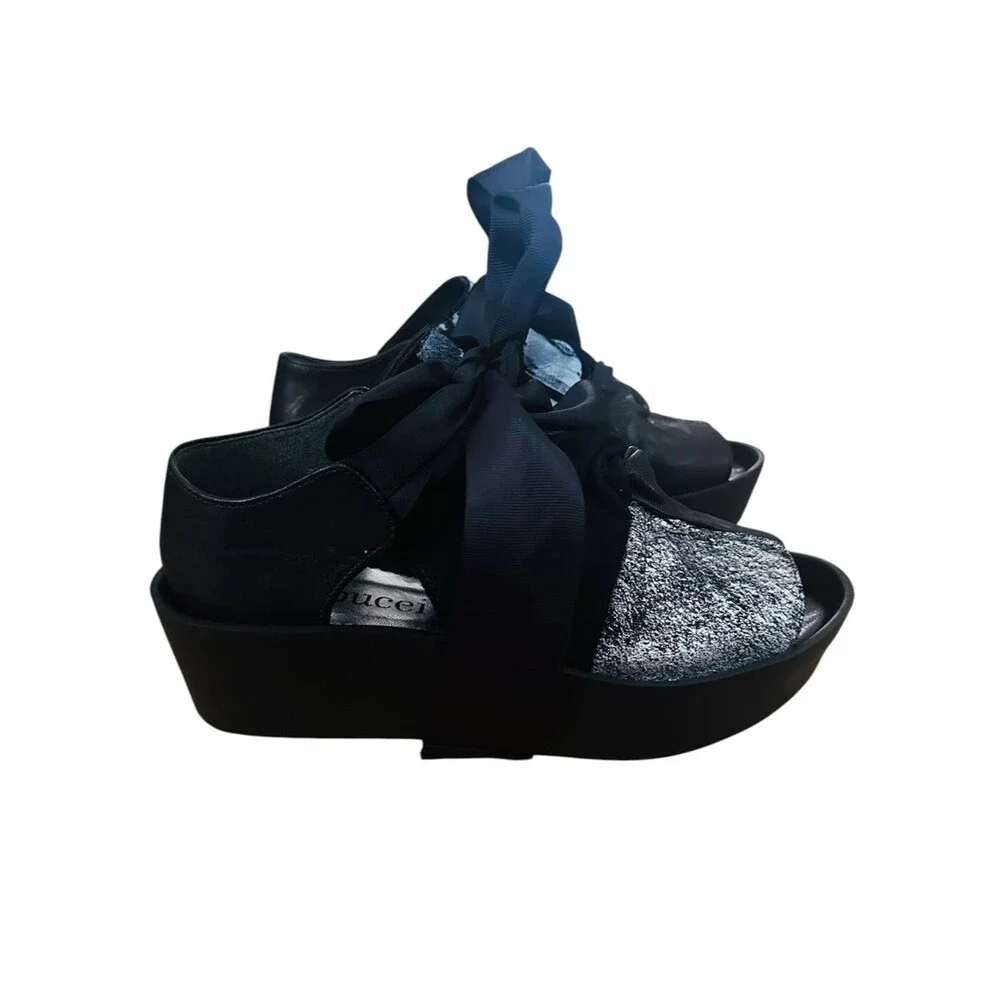 NEW Papucei Kimk Platform Wedge Sandals Black Silver  Size 40